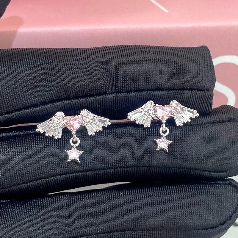 1 Pcs Pink Love Heart Wings Star Pendant Ear Bone Nail 316L Stainless Steel Piercing Earring Y2K Punk Jewelry Women Accessories
