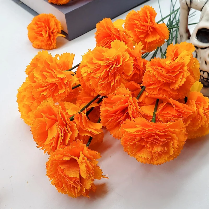 5/10 Stück 5 cm große orangefarbene Ringelblumenköpfe mit Stielen, künstliche Seidenblumen für Zuhause, Zimmer, Hochzeit, Party, Halloween-Dekoration – Detail 3