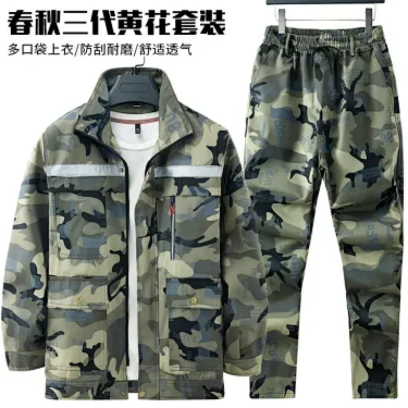 Men Spring Autumn Camo Workwear Set Reflective Stripe Multi Pocket Wear Resistant Breathable Jacket And Pants