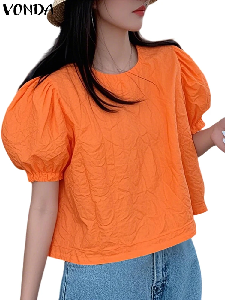 VONDA Solid Color Blusas Women Short Sleeve Casual Loose Tops 2025 Fashion O Neck Summer Tunic Female Puff Sleeve Blouses
