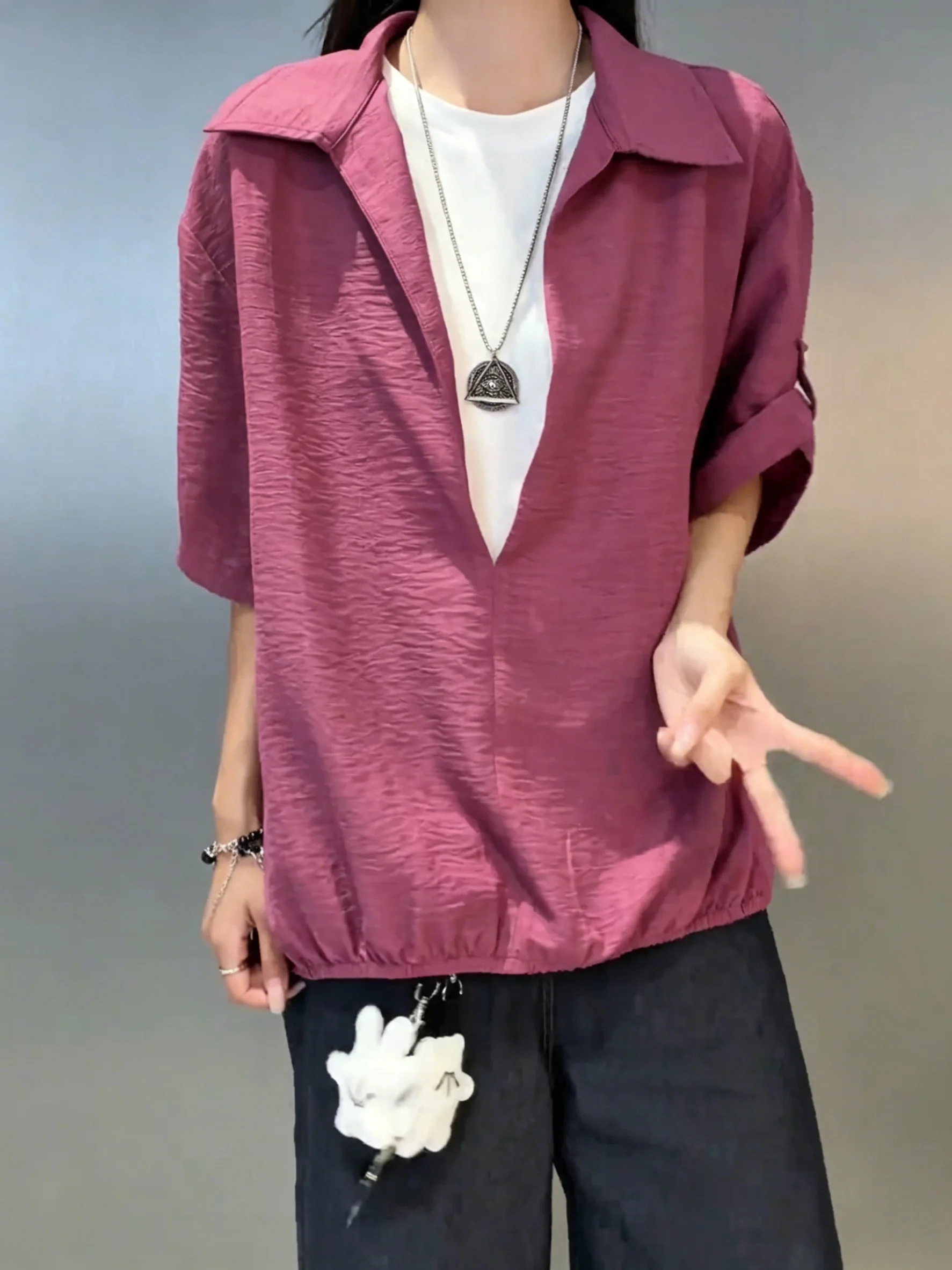 

Lightweight Short Sleeve V-Neck Linen-Like Men's Shirt Couple's Matching Outerwear Waist-Cinching UV Protection Shirt