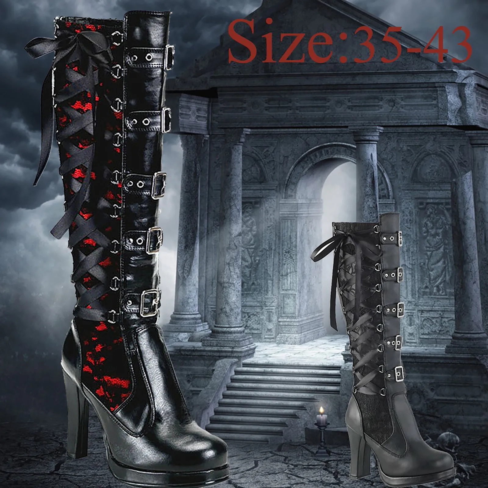 Women Platform Boots Leather Cosplay Gothic Knee High Boots Fashion Bows Belt Buckle Chunky High Heels Round Toe Modern Booties