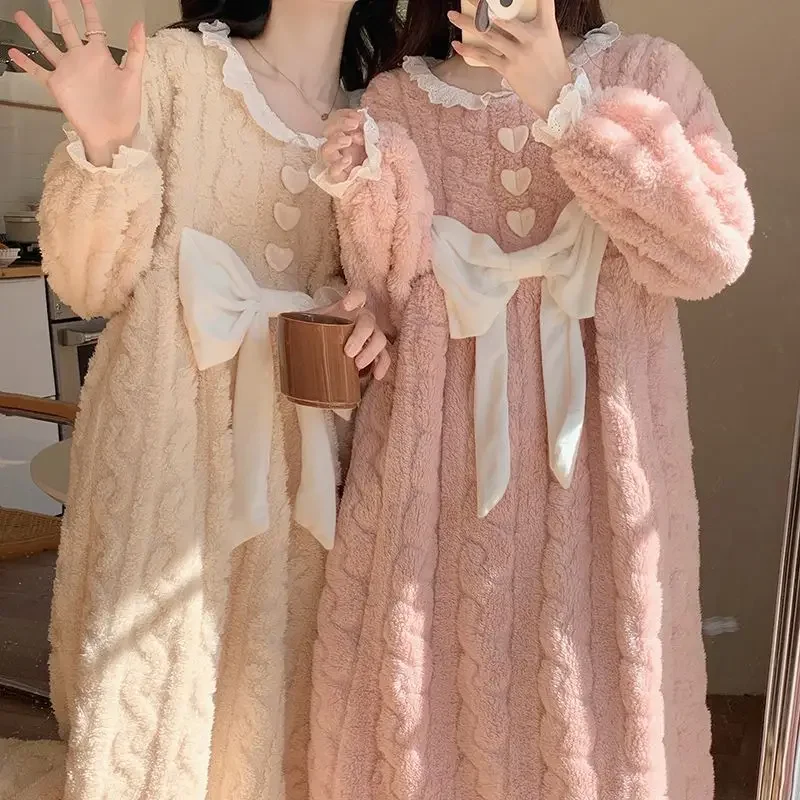 

Autumn Winter Warm Coral Fleece Nightgown Women Kawaii Sleepwear Robe Bathrobe Long Sleeve Flannel Loungewear Thick Pajamas