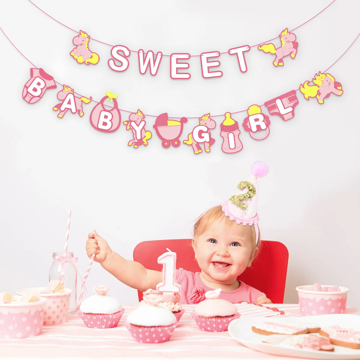 

1Pcs Baby Birthday Hat Pink Glitter Three Years Old Elastic Band Party Prop Photo Decoration Baby Birthday Hat