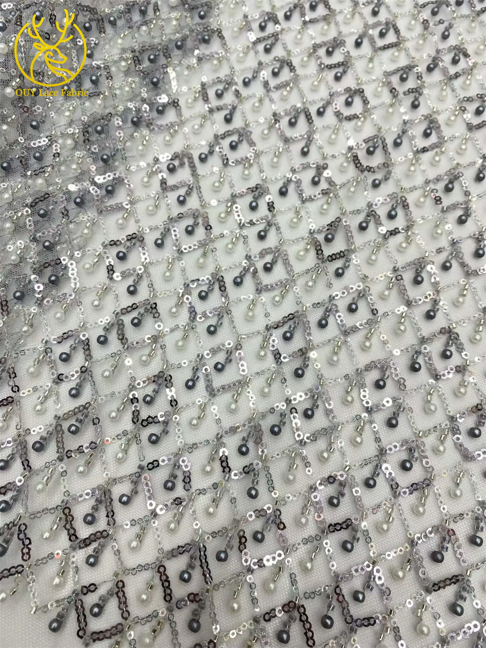 Olivgrüner afrikanischer Spitzenstoff, französischer Mesh-Spitzenstoff mit Pailletten und Perlen, Tüll-Mesh-Spitzenstoff für Damen, Hochzeitsfeier, Abendkleid, Nähen – Detail 13