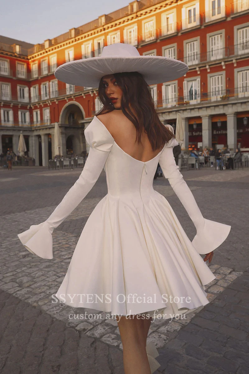 SSYTENS Elegant Short Wedding Dresses Women Open Back Off The Shoulder Satin Bridal Gown Flare Long Sleeves Princess Bride Dress