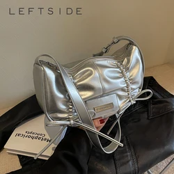 LEFTSIDE-bandolera pequeña con lazo para mujer, bolso de hombro de cuero PU plateado, moda coreana, 2024