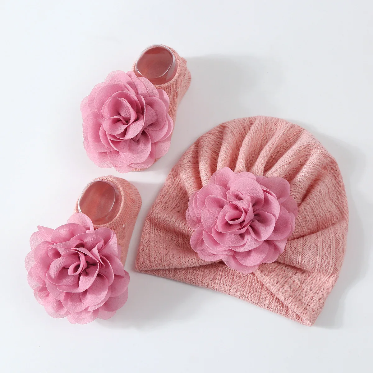 New Baby 1Set Big Flower Hats Socks Newborn Soft Solid Prewalker Anti Slip Sock Hat Girl Infant Cute Cap Beanies Turban Socks