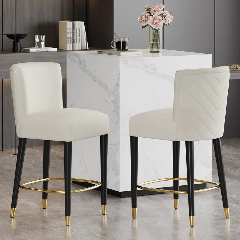 

27-inch Counter Stool, Modern Light Fabric, Circular Gold Footrest, Elegant Design