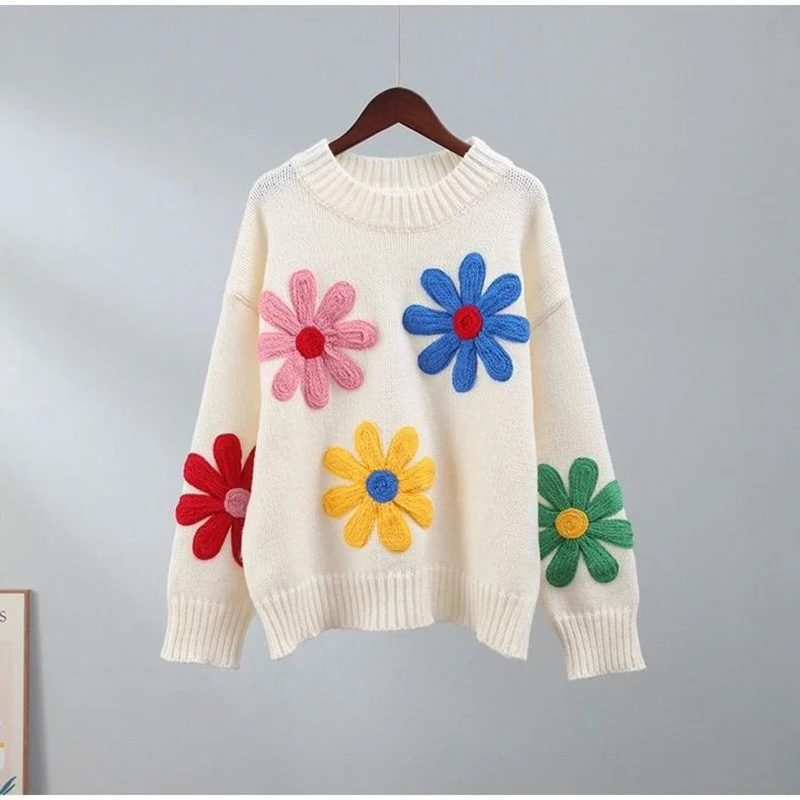 2024 Autumn Winter Women Sweet 3D Flower Sweater Loose Cute Floral Knitted Long Sleeve Sweater Street Wear Jumper Outwear