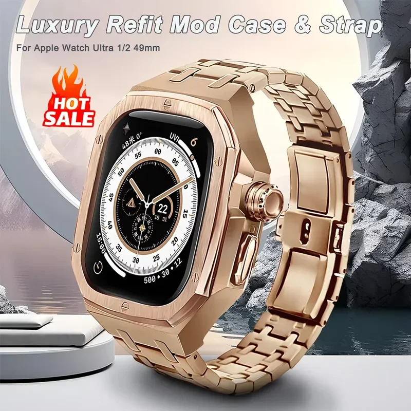 Luxury Stainless Steel Case Mod Kit for Apple Watch Ultra 4 3 2 1 49MM Liquid Silicone Strap for IWatch Series 49MM Accessories