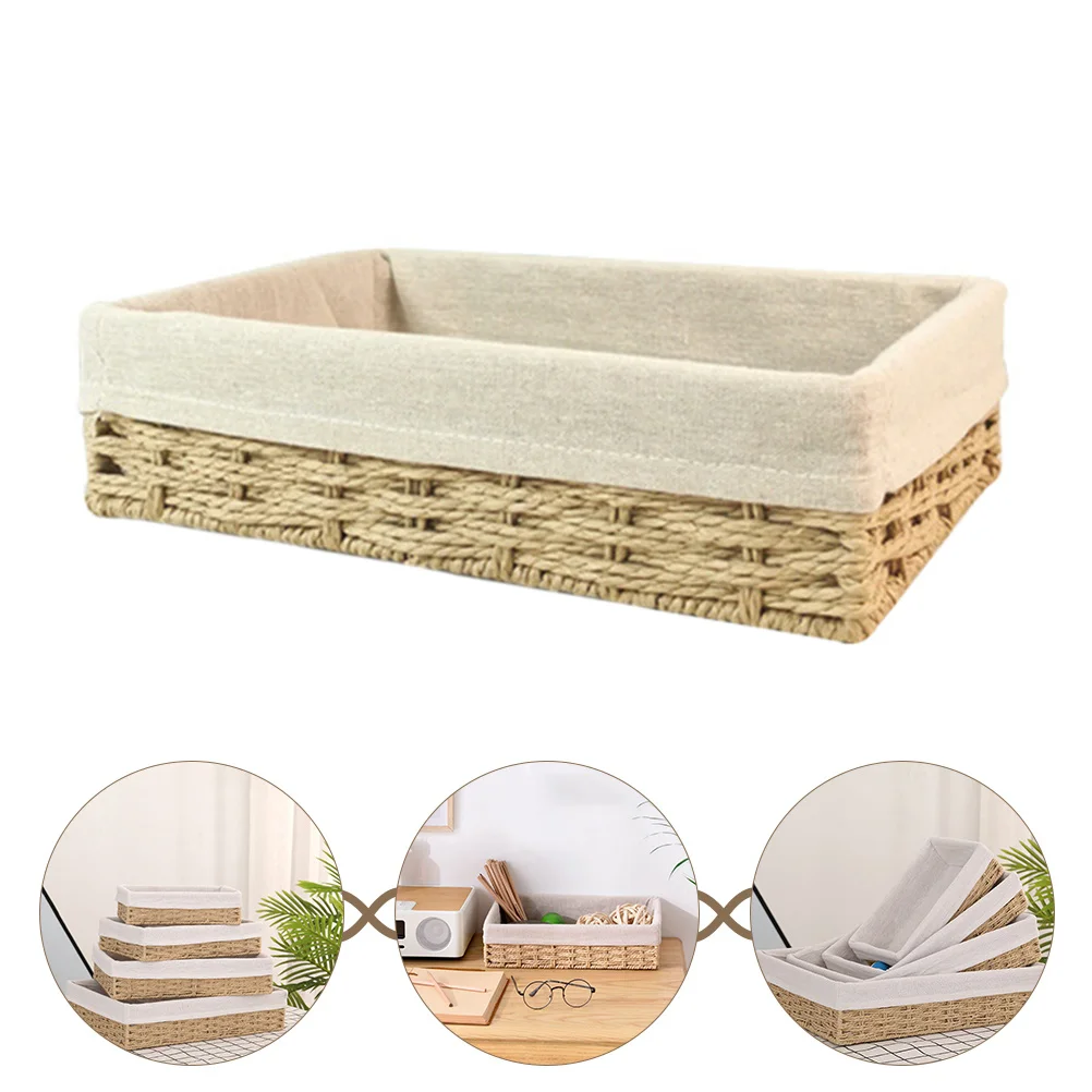 

Paper Rope Woven Storage Basket with Linen Liner Desktop Organizer Household Sundries Storage Box for Home Bedroom Bathroom