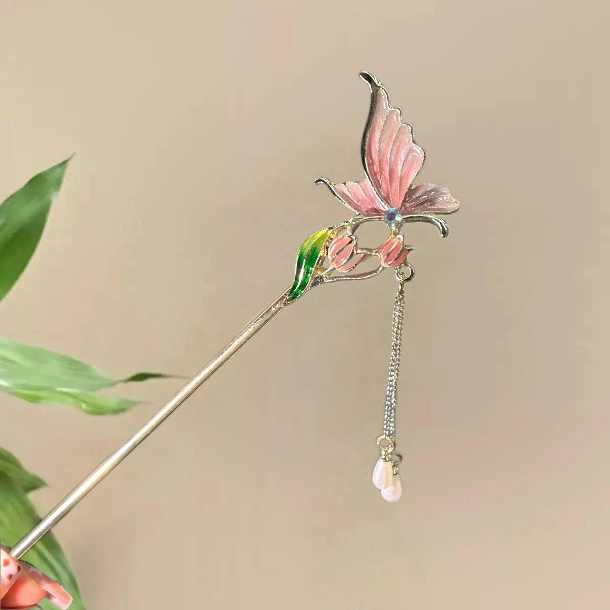 Pink Flower Hair Sticks Forks Retro Chinese Style Alloy Hairpins Side Clips Chain Tassel Pearls Pendant Decor Women Hair Jewelry image 5