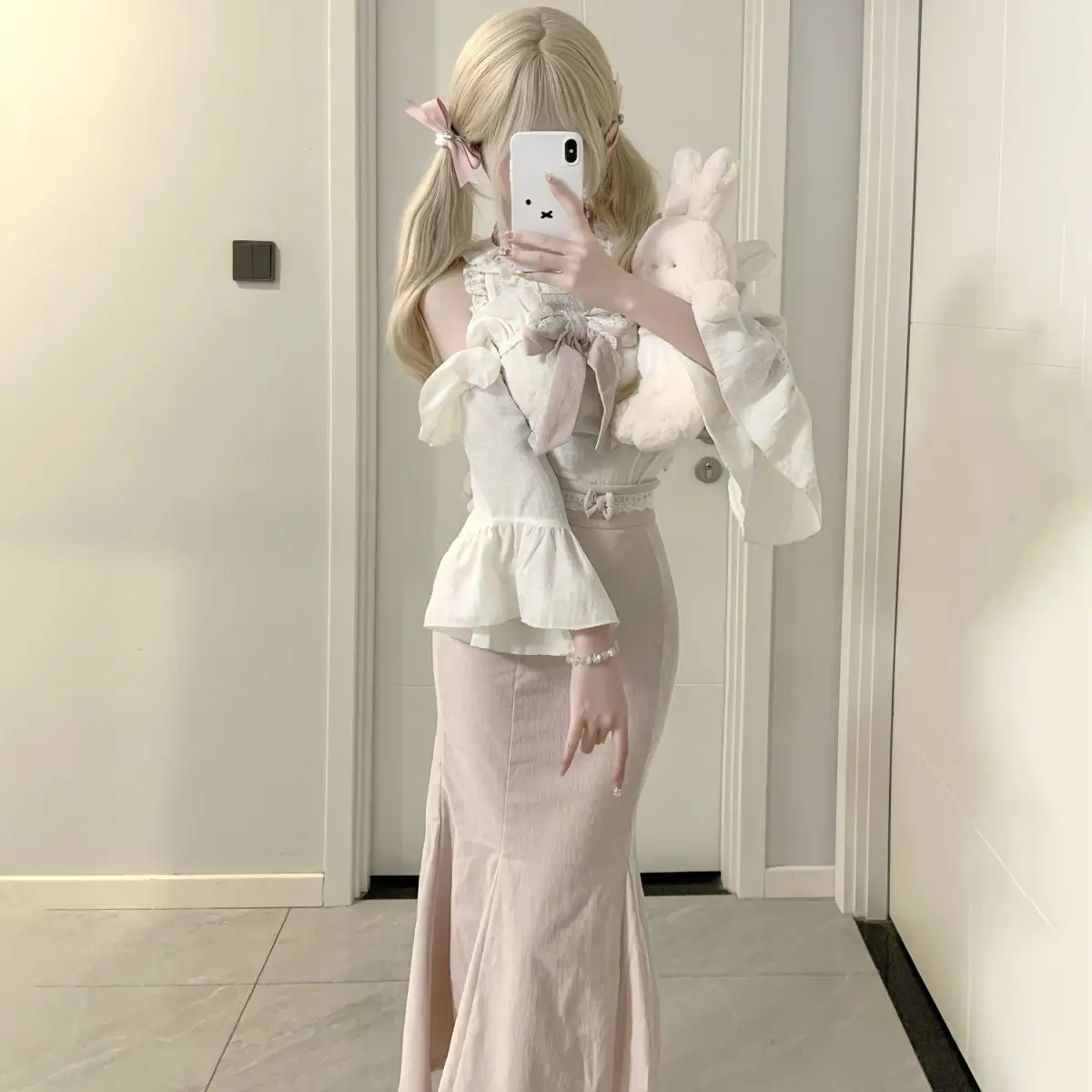 Japanese Sweet Lolita Style Skirt Set Women Cute Ruffles Bow Blouse Slim Tops Pink Party Midi Skirt Suit Chic Korean Y2k Outfits