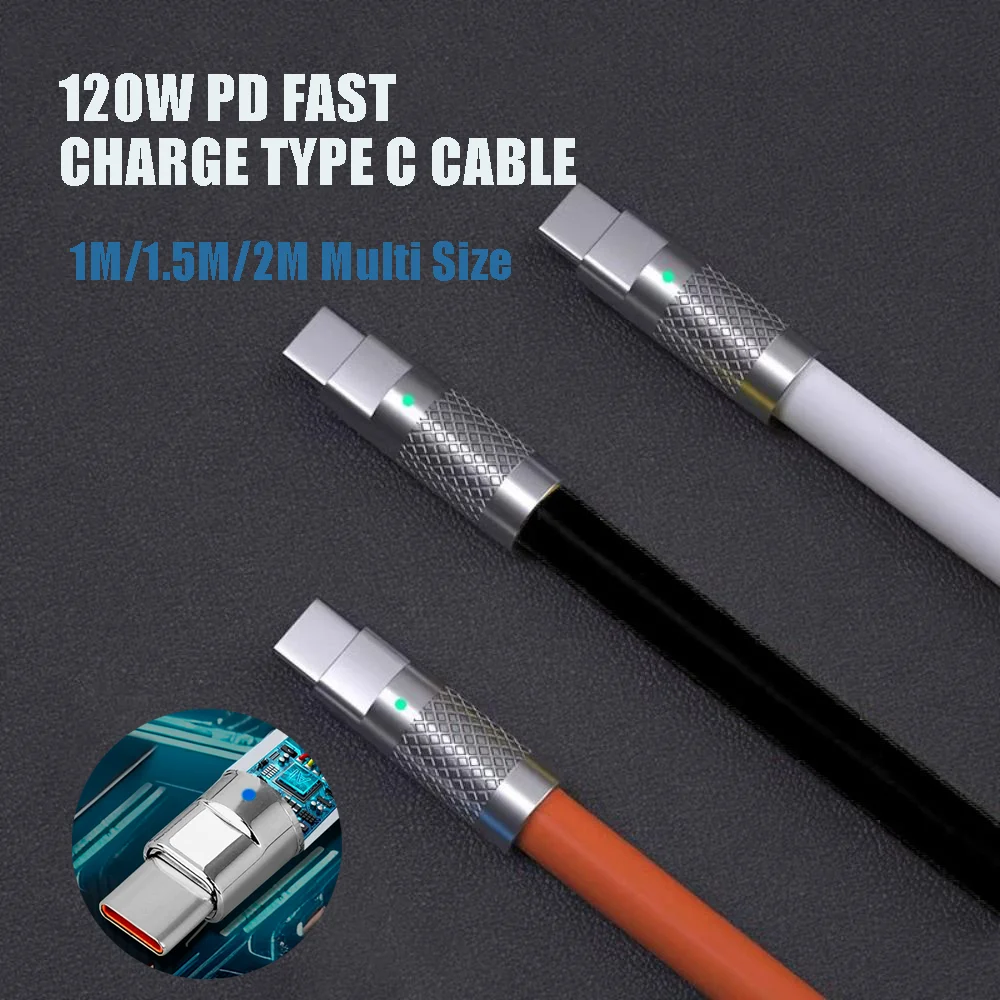 120W 6A Quick Charge Cord High Current Liquid Silicone C to C Wire 1M/1.5M/2M PD For iPhone Samsung Xiaomi Home Office Outdoor