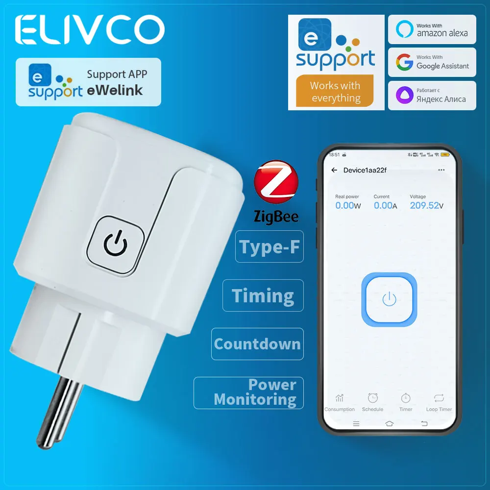 

Умная розетка eWelink Zigbee с функциями таймера/отсчета времени/мониторинга энергопотребления, совместима с Home Assistant/Google Assistant/Alexa