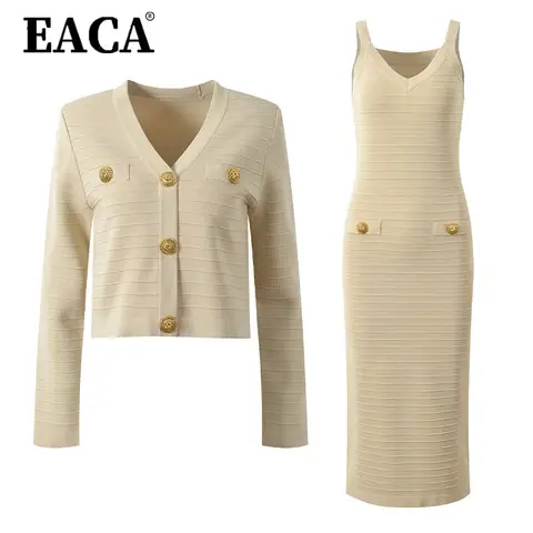 EACA 2025 봄 새로운 여성 라이트 럭셔리 기질 패션 짧은 v 넥 골드 버클 스트라이프 탑 홀터 스커트 투피스 세트