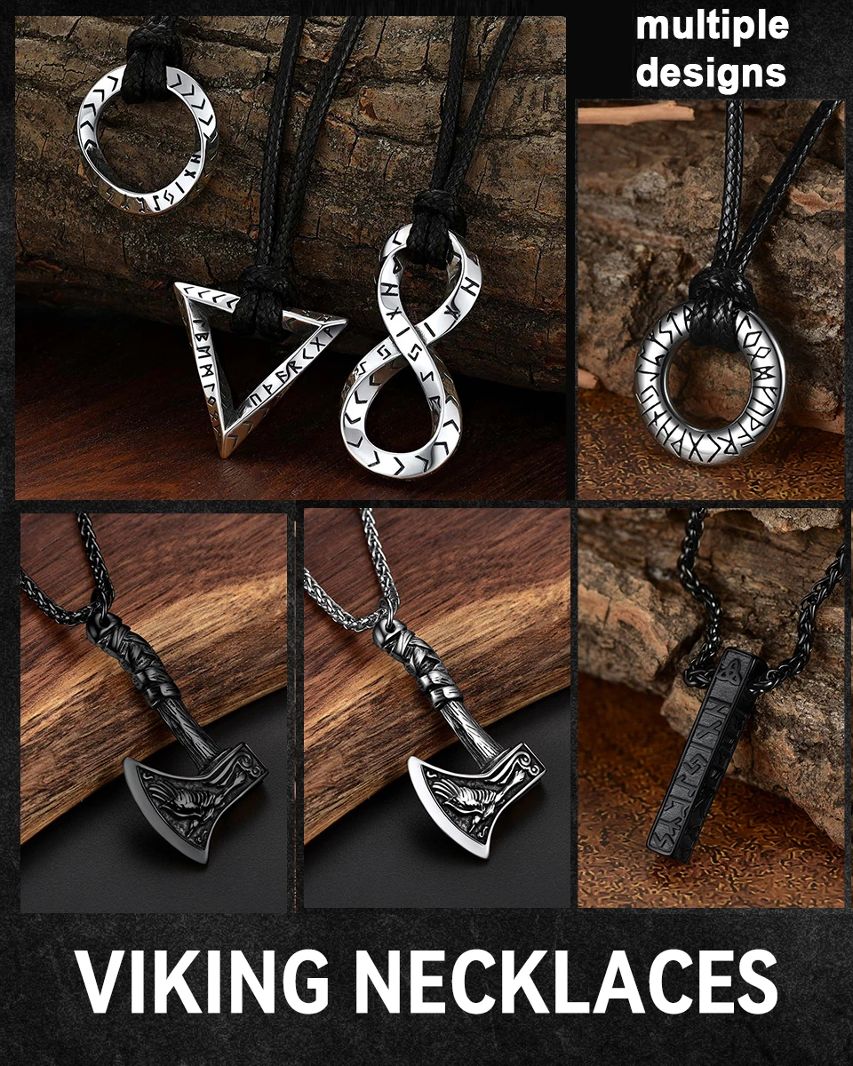 U7 Nordic Viking Necklaces for Men Mobius Infinity Triangle Bar Corss Wolf Hammer Axe Pendant & Wax Cord /Chain Stylish Jewelry