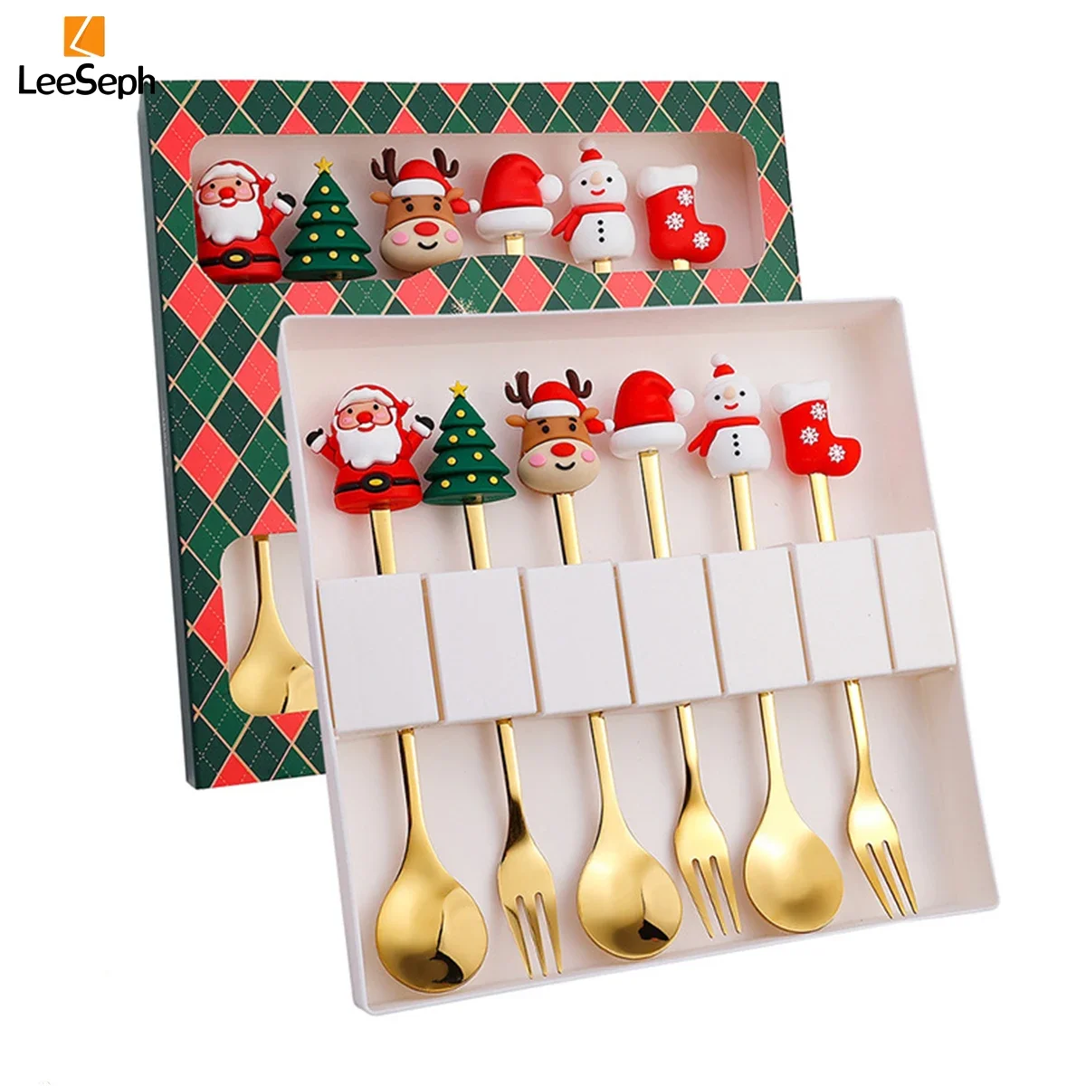 Leeseph Christmas Coffee Spoons Forks Set (4/6Pcs), Stainless Steel Spoon Forks Christmas Gifts for Kids(Red/Green Gift Box Set)