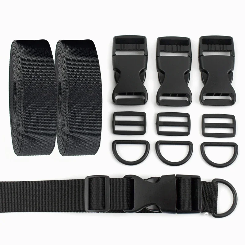 1-5Set 25mm Black Nylon Webbing with Quick Release Buckle Adjust Slider D Ring Plastic Buckles DIY Dog Collar Strap Repair Parts