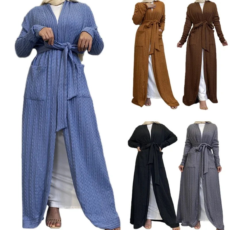 

Autumn Winter Knit Muslim Abayas for Women Islamic Fashion Kimono Robe Modest Dress Long Elegant Cardigans Clothing Open Abaya