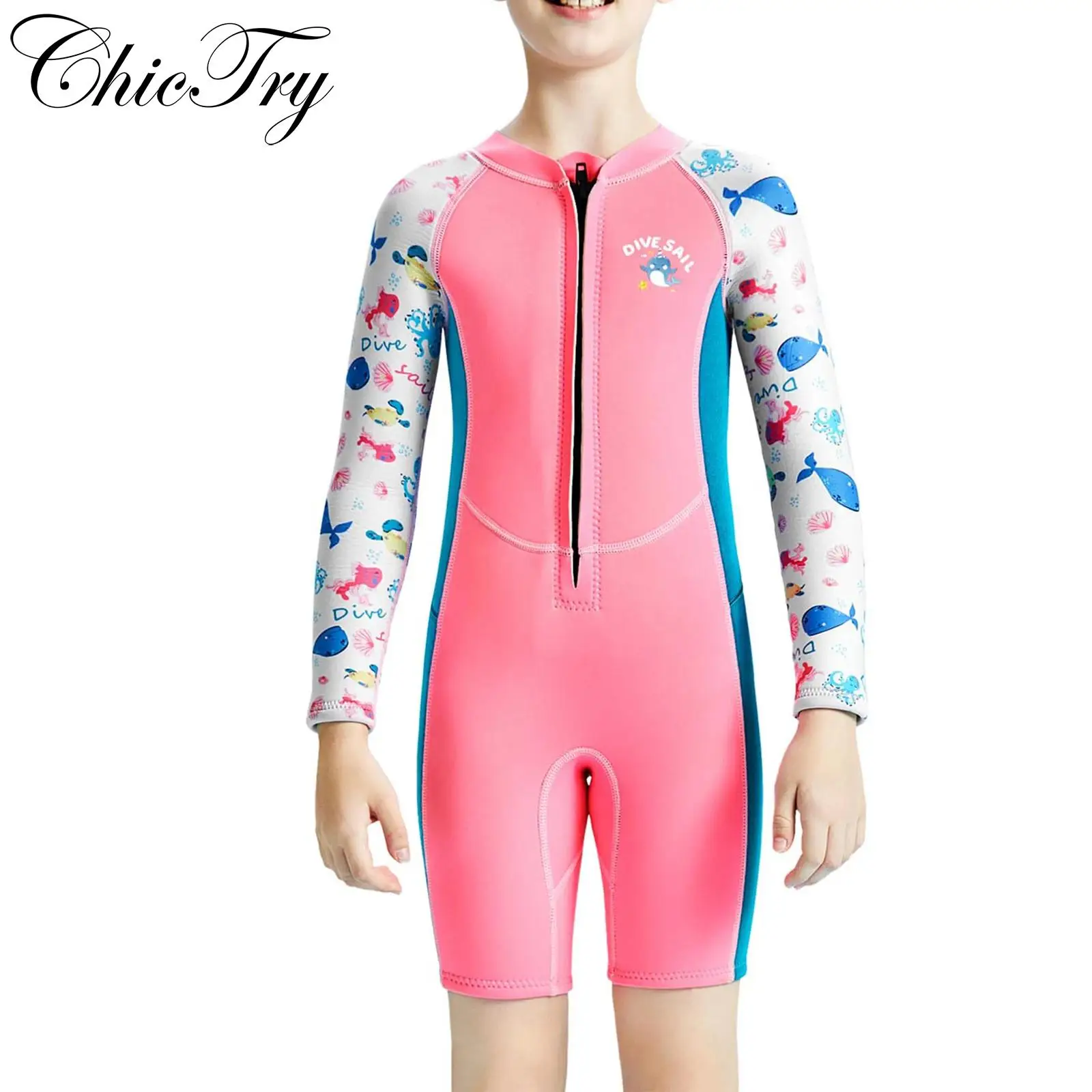 

Kids Girls Swim Leotard 2.5mm Neoprene Wet Suit Cute Fish Printed Long Sleeve Jumpsuit Thermal Front Zipper Bodysuit Wetsuit