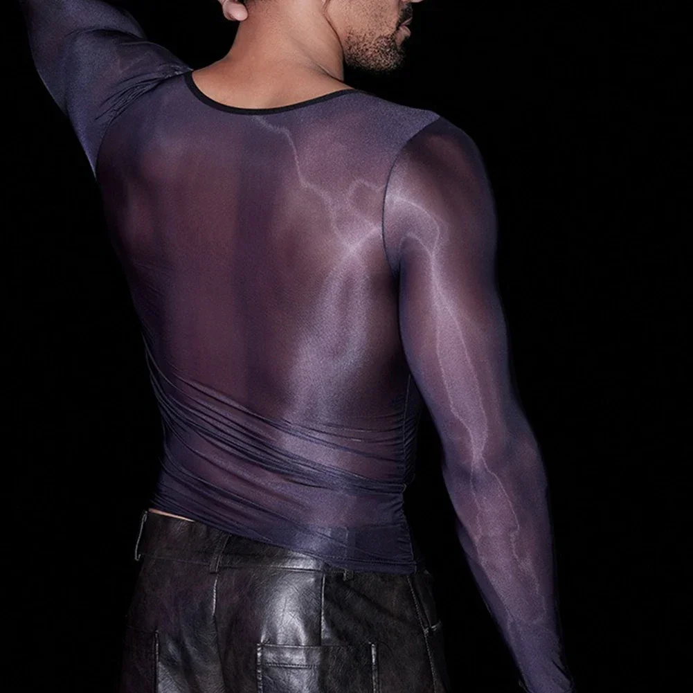 Fashion Men\'s Undershirt Oil Shiny Long Sleeve Tops O-Neck T-Shirts Sexy See Through Male Elastic T-shirt