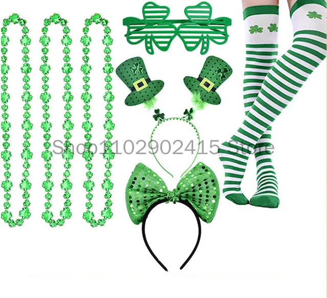 St. Patrick's Day Accessories Hat Necklace Bowtie Glasses Green Striped Arm Sleeves Sock Party Decoration Dress Up Cosplay Set