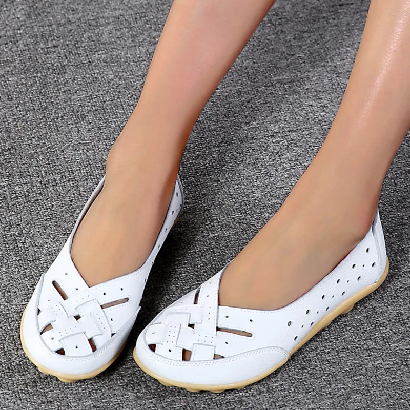 Fashion Genuine Leather Women Flats Bowtie Round Toe Flat Shoes Slip On Women Shoe Hollow Footwear Plus Size Zapatos Mujer