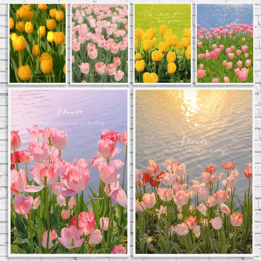Lake Tulip Nature Painting Calligraphy High-Quality Canvas Wall Mural Crease-Free For Living Room Bedroom Interiors