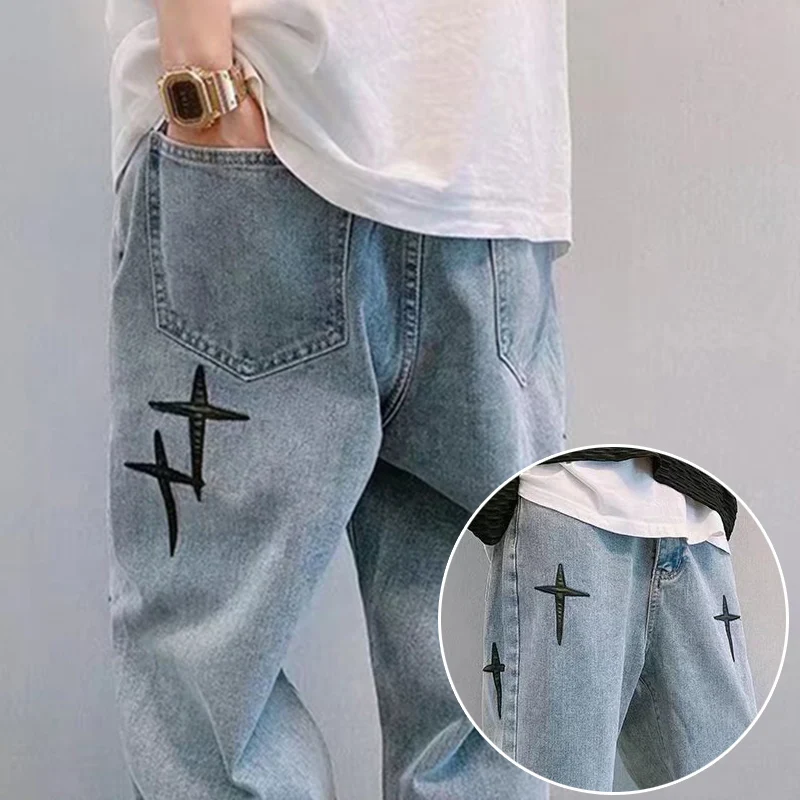 Men's Trendy Cool Style 2024 Blue Denim Pants Baggy Wide Leg Streetwear Trousers Cross Star Sticker Embroidery Design Jeans Male