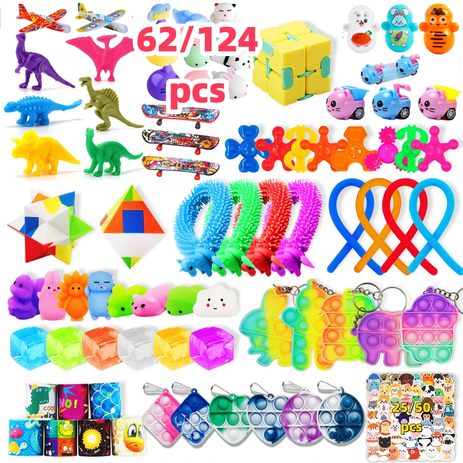 62/124 Pièces de jouets pour enfants, jouets anti-stress en vrac, cadeaux d'anniversaire, cadeaux de Noël, jouets pour coffret surprise