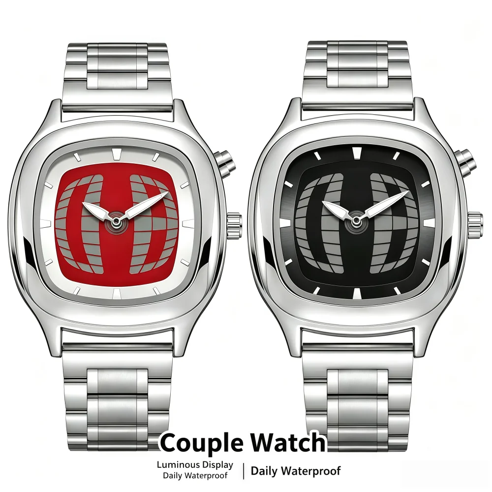 PAAZOMU Red‑Black Couple Pair Watch Luminous Waterproof Stainless Steel Band Square Quartz Wrist Watch for Lovers