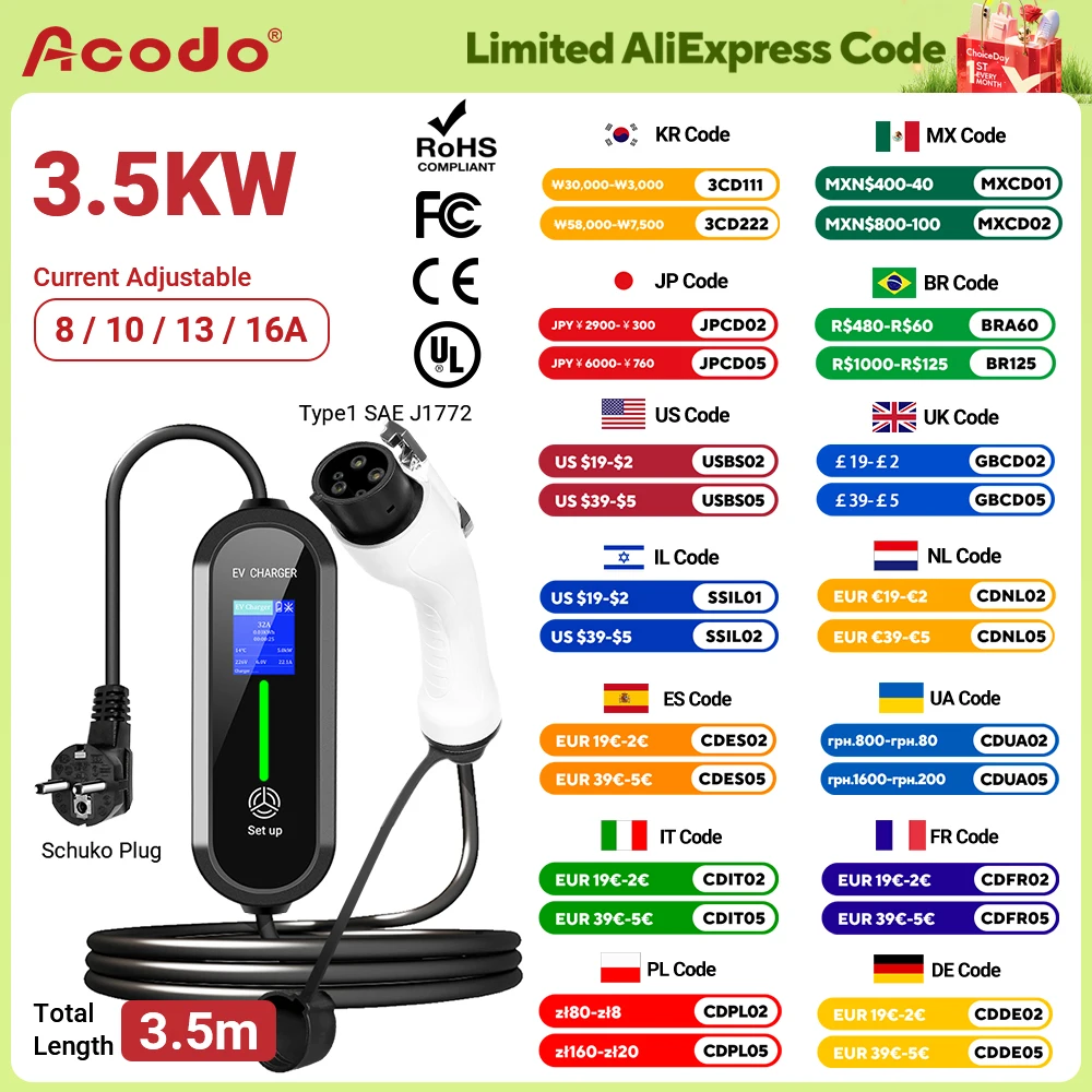 Acodo EV draagbare oplader 3,5 kW type 2 type 1 J1772 GBT opladerkabel 8A 10A 13A 16A verstelbare WallBox 3,5M auto snellader