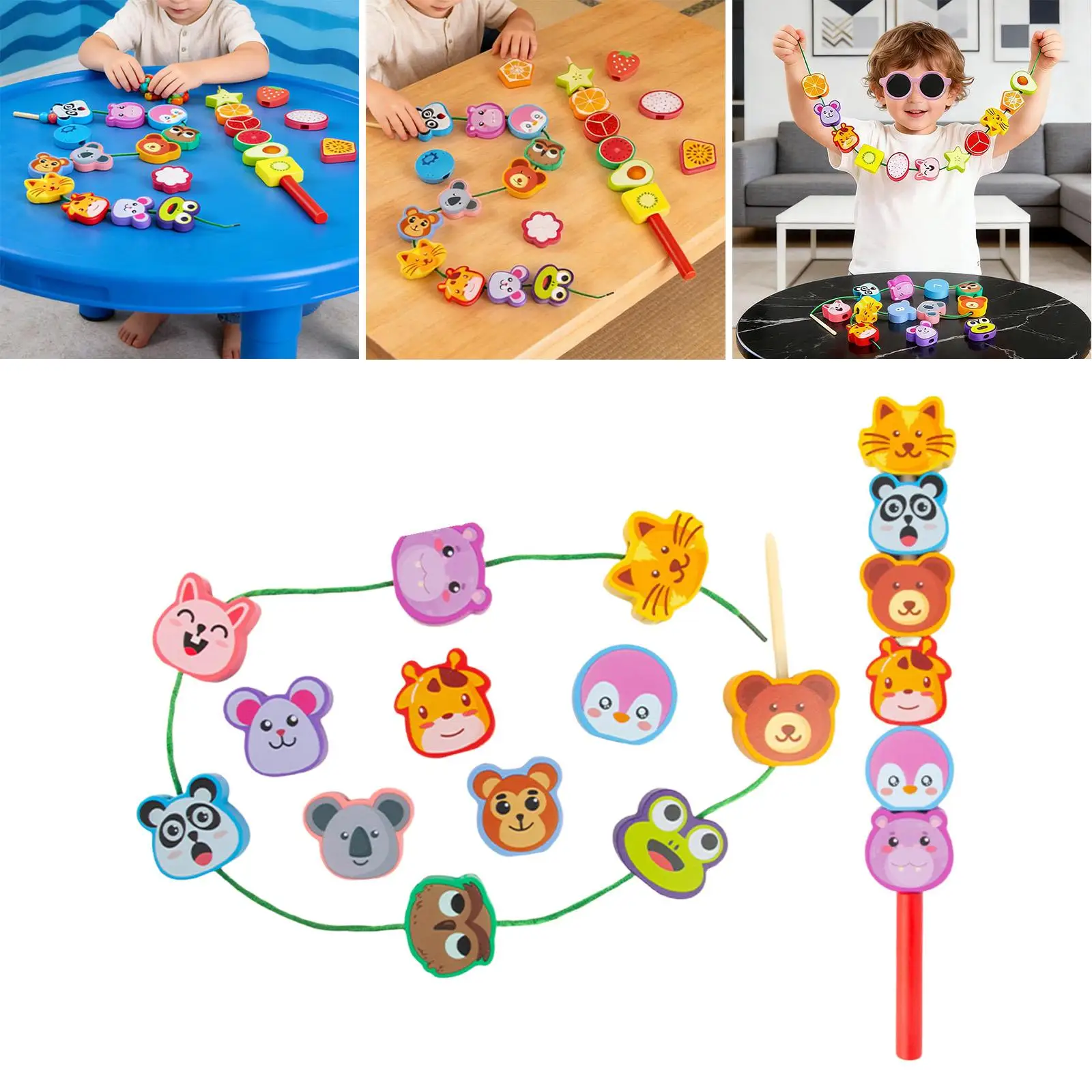 Wooden Lacing Beads for Toddler,Sorting Hand Eye Coordination Shape Matching Learning Toy,Educational Threading for Children