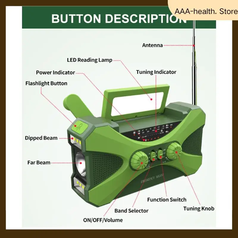 

5200Mah Emergency Radio, Solar Hand Crank Radio Portable Radio With Phone Charger LED Flashlight Outdoor Emergency-AA74