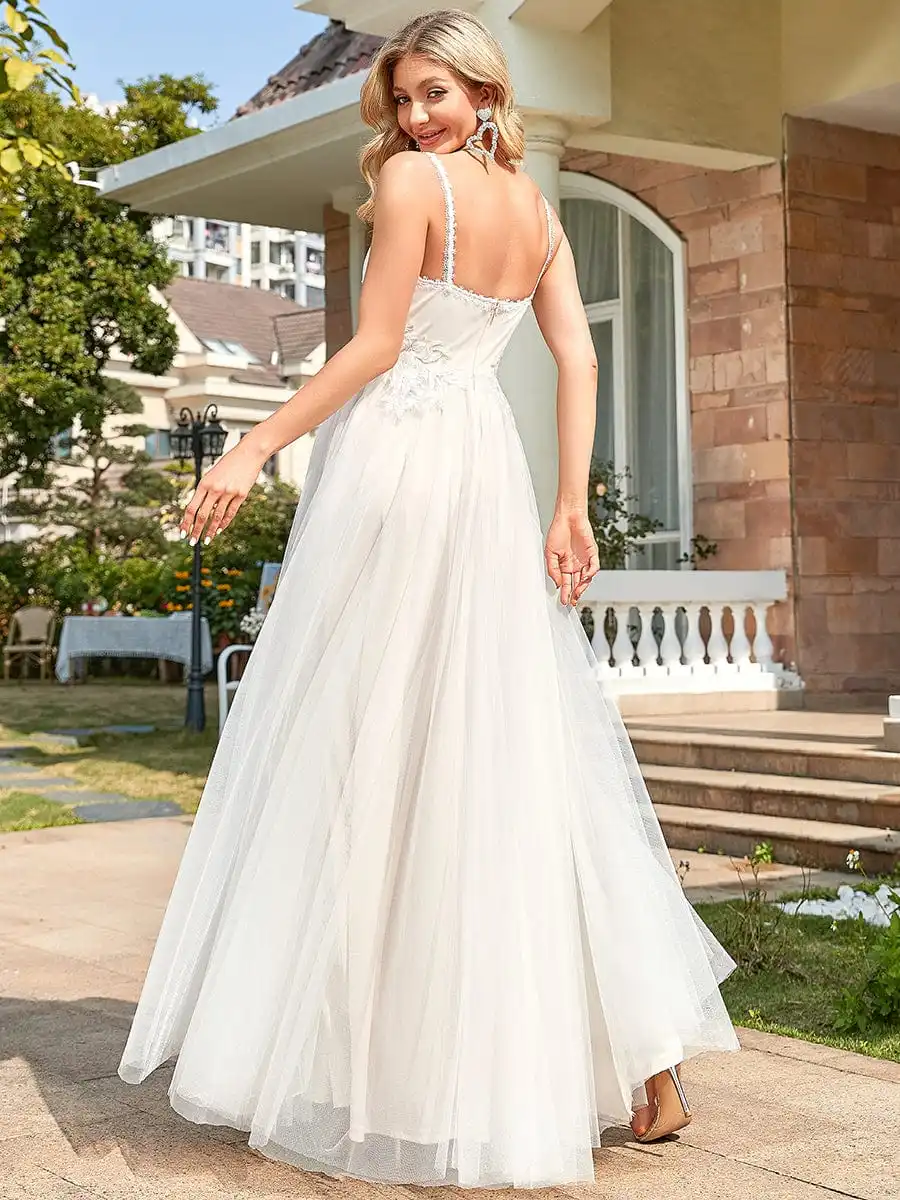 Elegant Wedding Dresses Tulle Floral Spaghetti Strap Illusion V-Neck 2024 Ever Pretty of Embroidery A-Line Ivory Bridal Gowns 