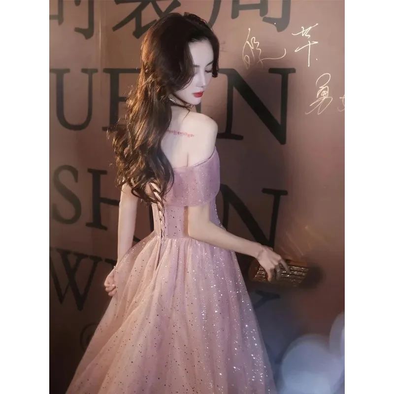エレガントなピンクのオフショルダーグリッタースパンコールイブニングドレス 2025 高級チュールボールガウンパーティードレス Vestdos De Fiesta カスタマイズ