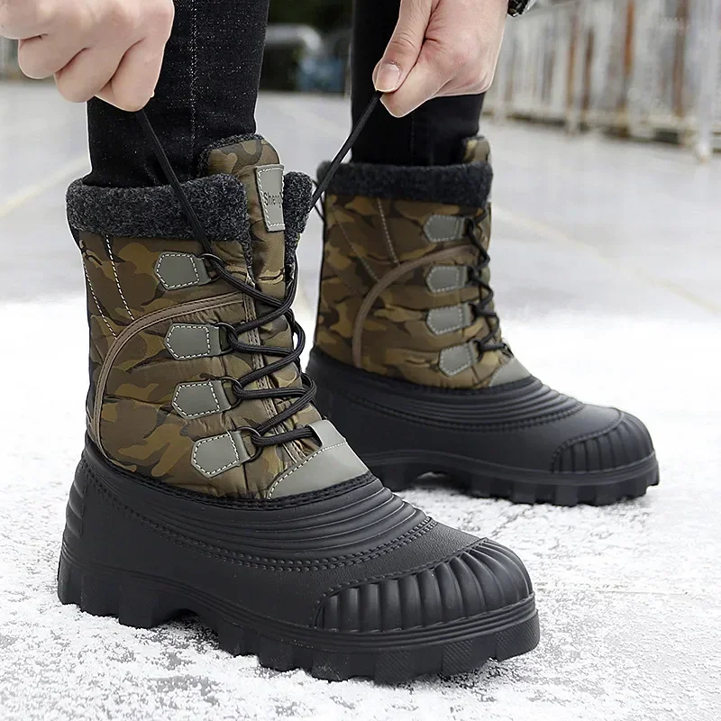 High Top Winter Camouflage Boots Warm Thick Plush Men Outdoor Walking Shoes Waterproof Snow Boots Men Cotton Shoes Men Lace Up