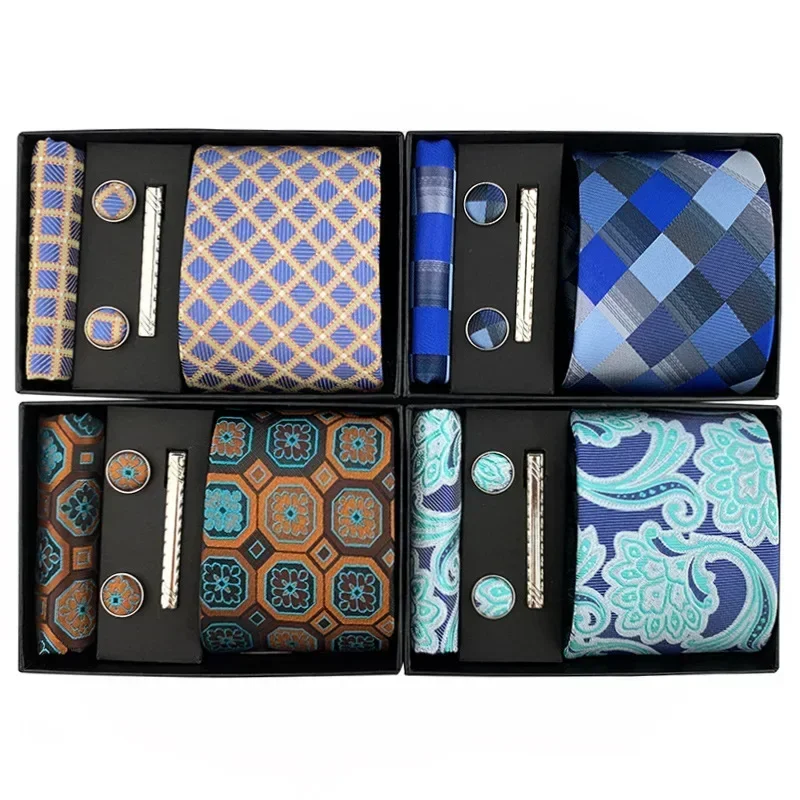 

Luxury Tie Set Gift Box For Men Wedding Jacquard Neckties Square Clip Cufflinks Handkerchief Ties 100% Silk Feel