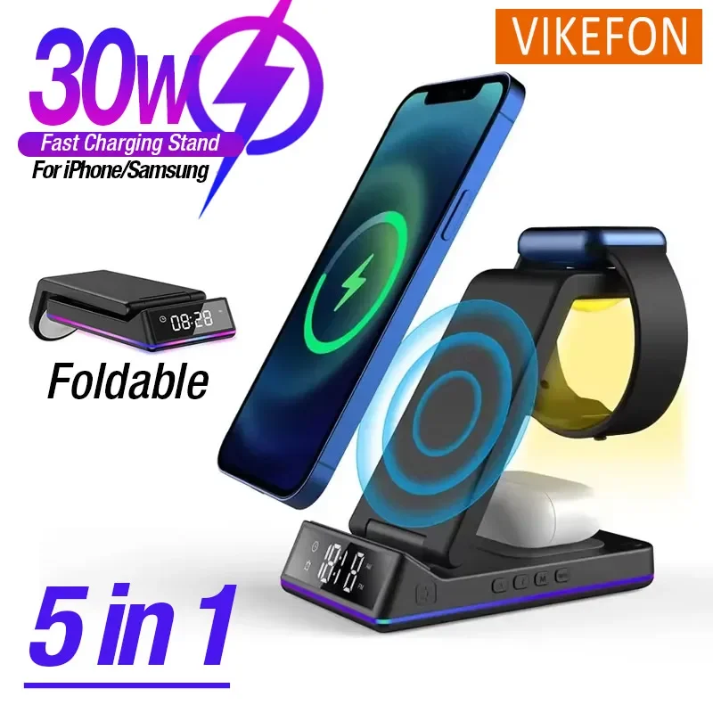 5 in 1 Wireless Charger Stand Clock RGB Folable Fast Charging For iPhone 16-12 Airpods Apple Watch Samsung S24 S23 Galaxy Watch