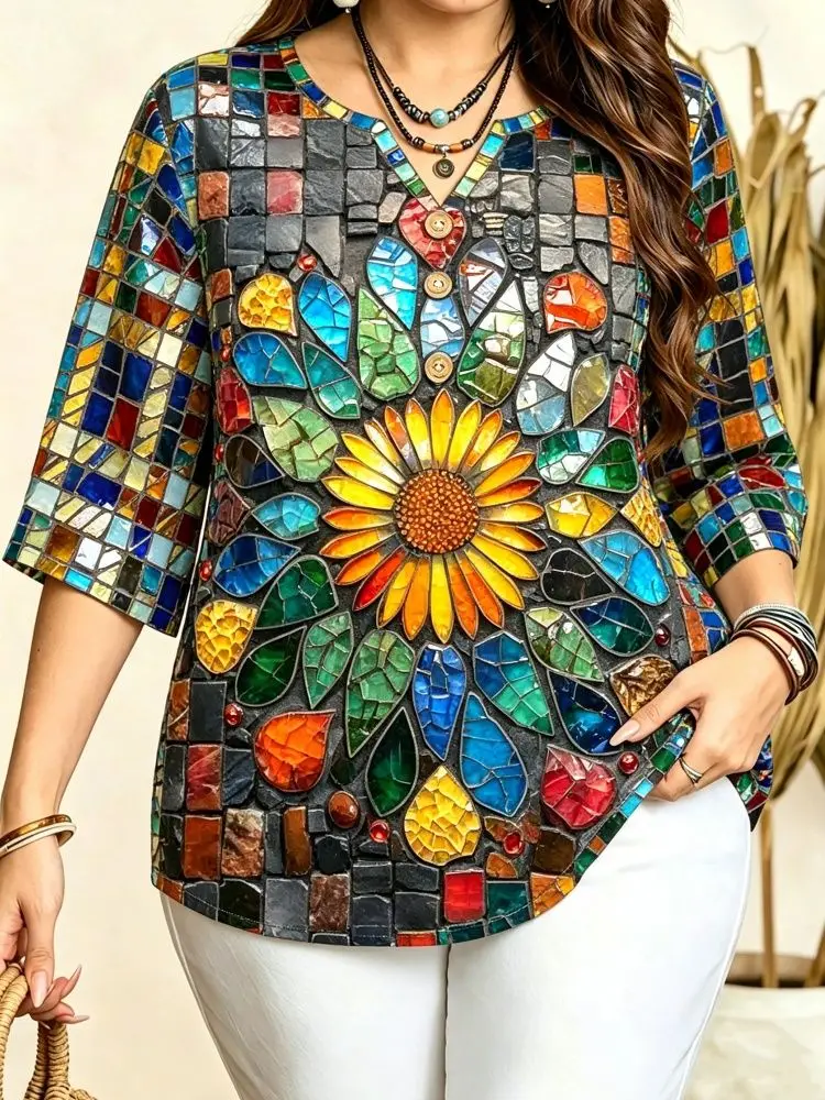 Women Sunflower Mosaic Lotus Swirl Paint Abstract Print Blouse Notch V Neck 3/4 Sleeve Button Loose Casual Top