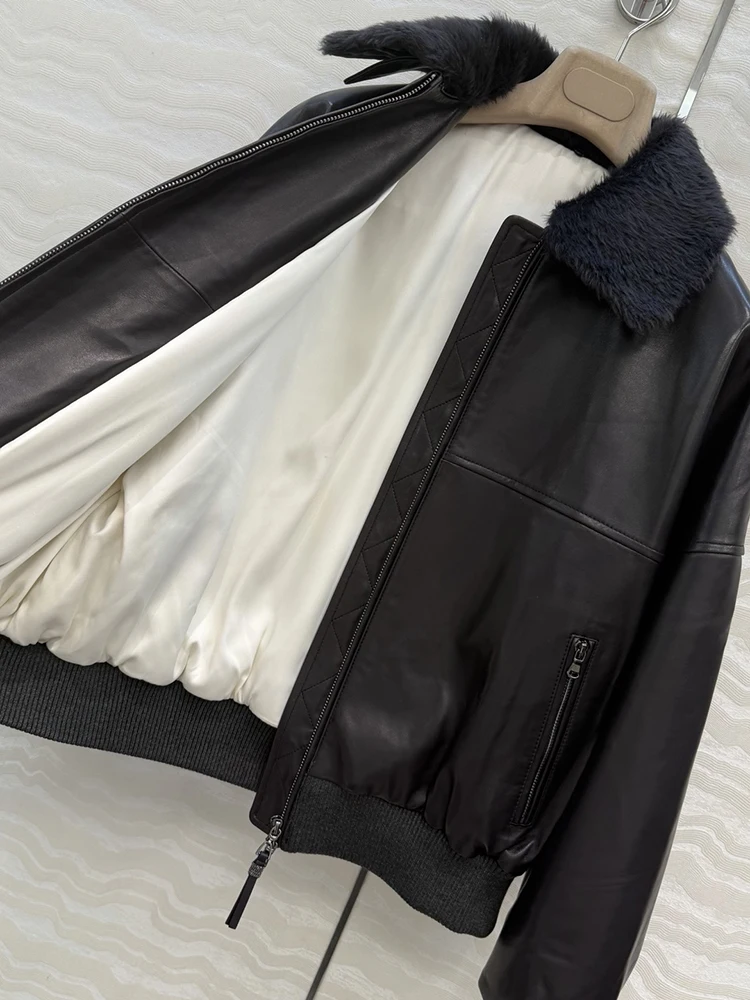 SVORYXIU Autunno Inverno Nuovo stile Retro Tasca con cerniera Colletto ribaltabile Giacca in pelle di montone Giacca in pelle nera moda donna