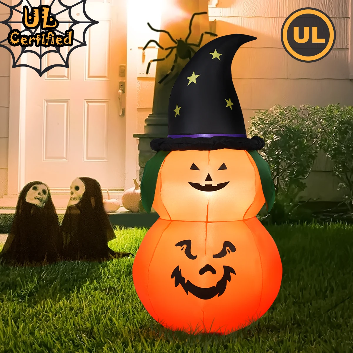 5FT Halloween Inflatable Pumpkin w/ Witch Hat LED Bulbs Blow Up Yard Decoration