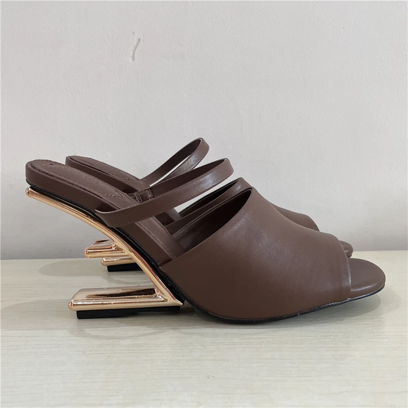 Brown Women Slippers Peep Toe Gladiator Sandals Letter Strange Heel Lady Dress Pumps Summer Outside Mules High Heel Wedge Shoes