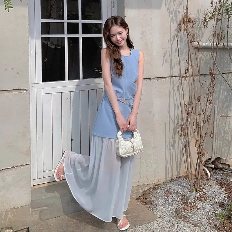 

Denim Dress For Women In Summer 2025, New Mesh Splicing For Slimming And Height Enhancement, Sleeveless Long Vest