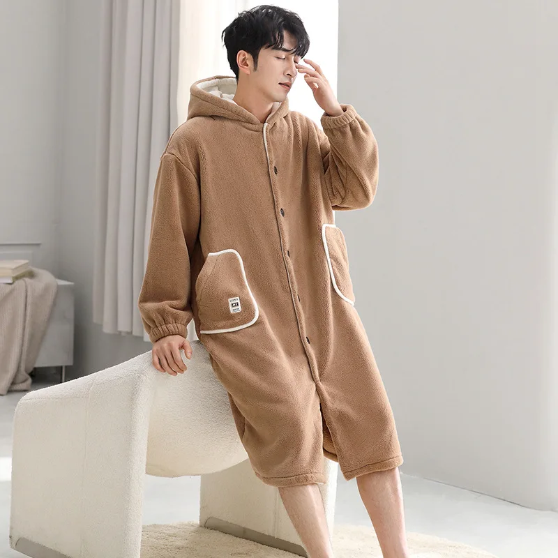 Men Hooded Winter Sleepwear Thicken Flannel Warm Plush Shower Robe Japanese Style Solid Men\'s Bathrobe Soft Male Night Gown