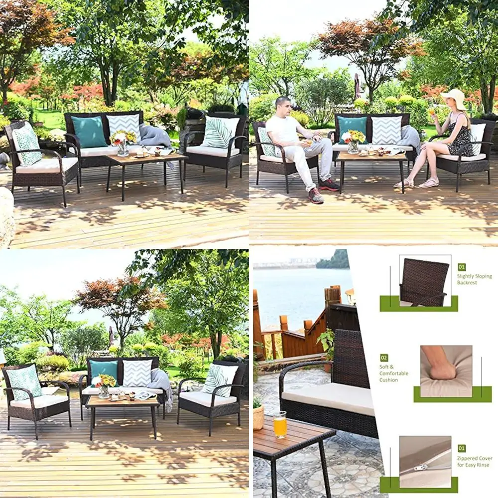 

4-Piece Outdoor Rattan Furniture Set with Cushions, Acacia Wood Coffee Table, Sectional Sofa Conversation Area