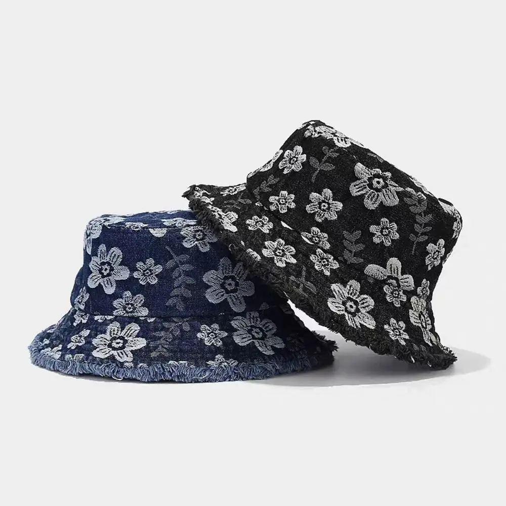 

Washed Denim Fisherman Hat Frayed Brim Korean Style Cowboy Bucket Hats Flower Embroidered Fashion Sunscreen Sun Cap Holiday