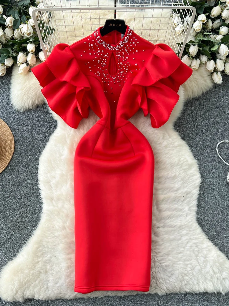 ثوب مسائي أحمر نسائي فاخر مجوف من Sve الخصر Cinched بقصة ضيقة وخصر عالٍ على شكل حرف a Dr Korean Sle